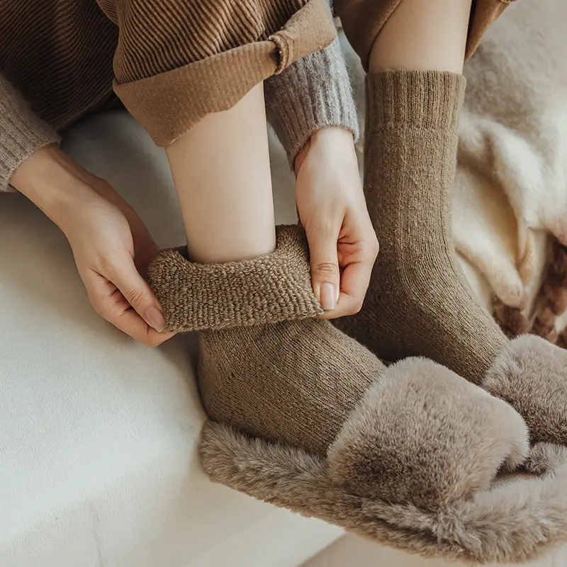 Winter Thick Terry Socks for Women Fashion Stripe Bow Warm Middle Tube Socks Japanese Girl Home Sleeping Plush Socks