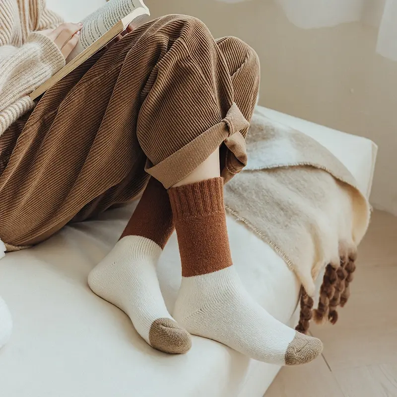 Winter Thick Terry Socks for Women Fashion Stripe Bow Warm Middle Tube Socks Japanese Girl Home Sleeping Plush Socks