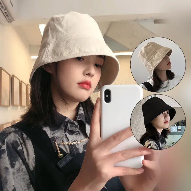 Solid Color Women Fisherman Caps Korean Wide Brim Outdoor Anti-UV Sunshade Bucket Hats All-Match Cotton Basin Caps