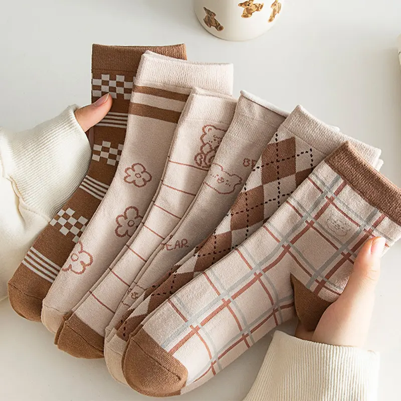 Cute Bear Socks for Women Kawaii Cartoon Striped Mid Tube Sock Japanese Spring Autumn Cotton Female Short Socks
