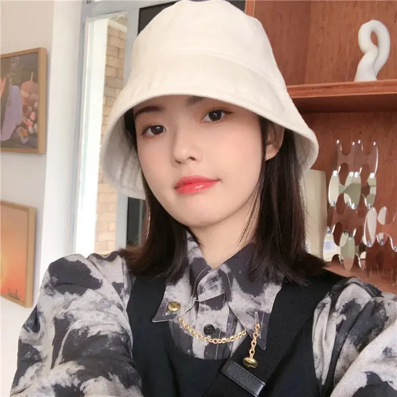 Solid Color Women Fisherman Caps Korean Wide Brim Outdoor Anti-UV Sunshade Bucket Hats All-Match Cotton Basin Caps