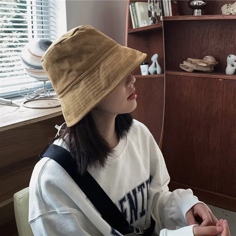 Solid Color Women Fisherman Caps Korean Wide Brim Outdoor Anti-UV Sunshade Bucket Hats All-Match Cotton Basin Caps