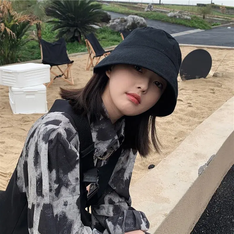 Solid Color Women Fisherman Caps Korean Wide Brim Outdoor Anti-UV Sunshade Bucket Hats All-Match Cotton Basin Caps