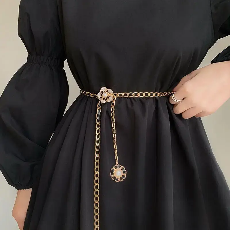 Elegant Rhinestone Flower Waist Belt for Women Gold Color Metal Tassel Waist Chain Female Dress Sweater Decoration Waistband