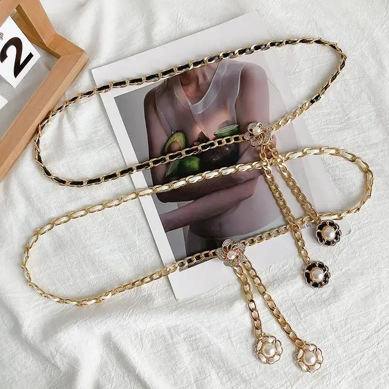 Elegant Rhinestone Flower Waist Belt for Women Gold Color Metal Tassel Waist Chain Female Dress Sweater Decoration Waistband