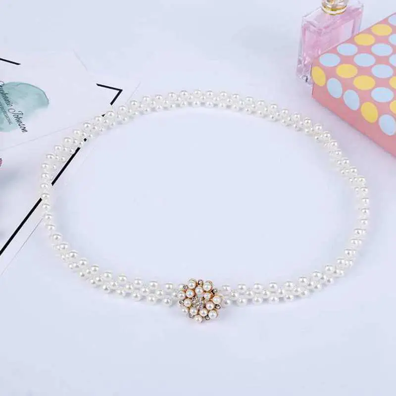 Elegant Women Pearl Belt Waist Belt Elastic Buckle Pearl Chain Belt Female Girls Dress Crystal Strap