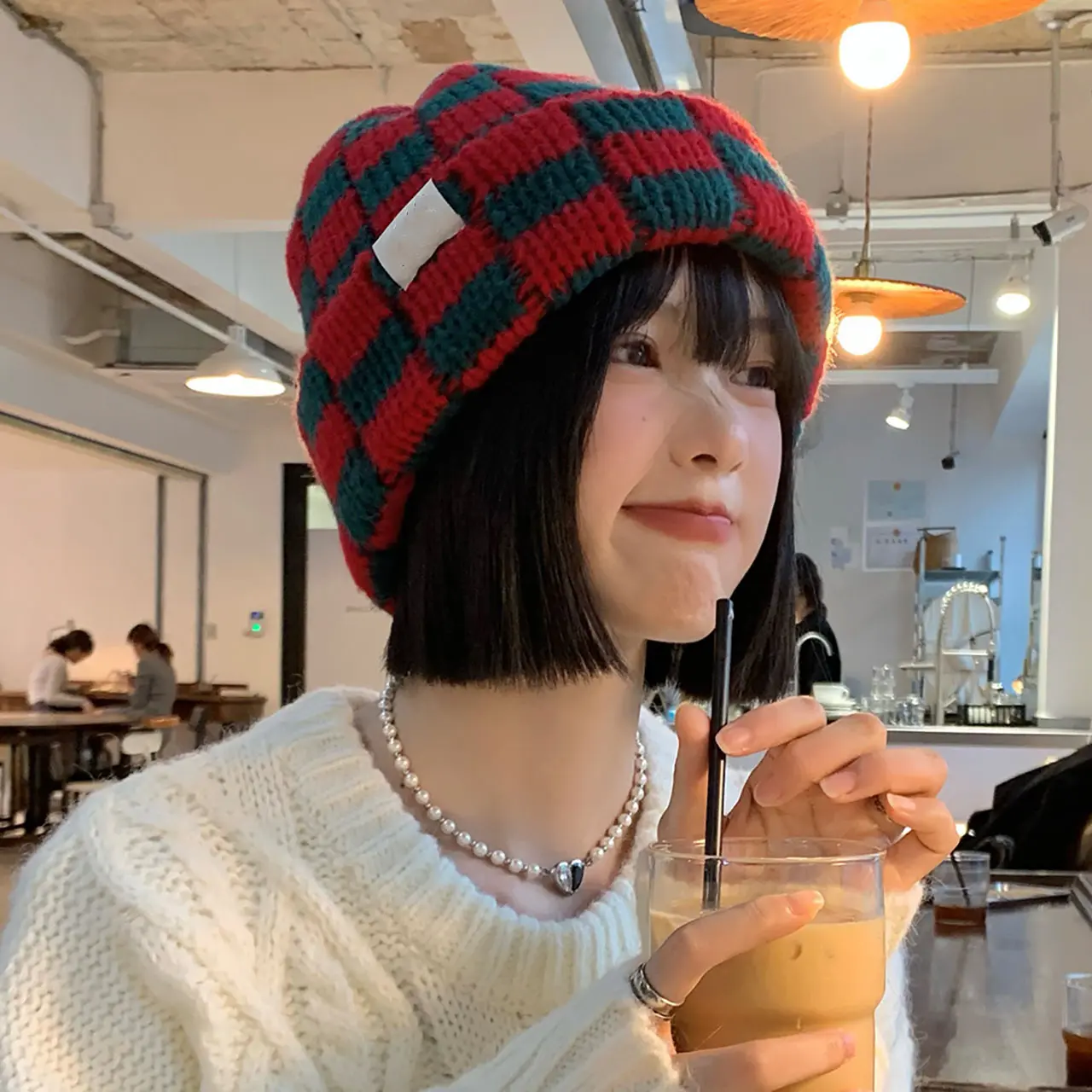 Korean Plaid Knitted Beanies Caps for Women Winter Warm Ear Protection Skullcaps Outdoor Windproof Pullover Hats