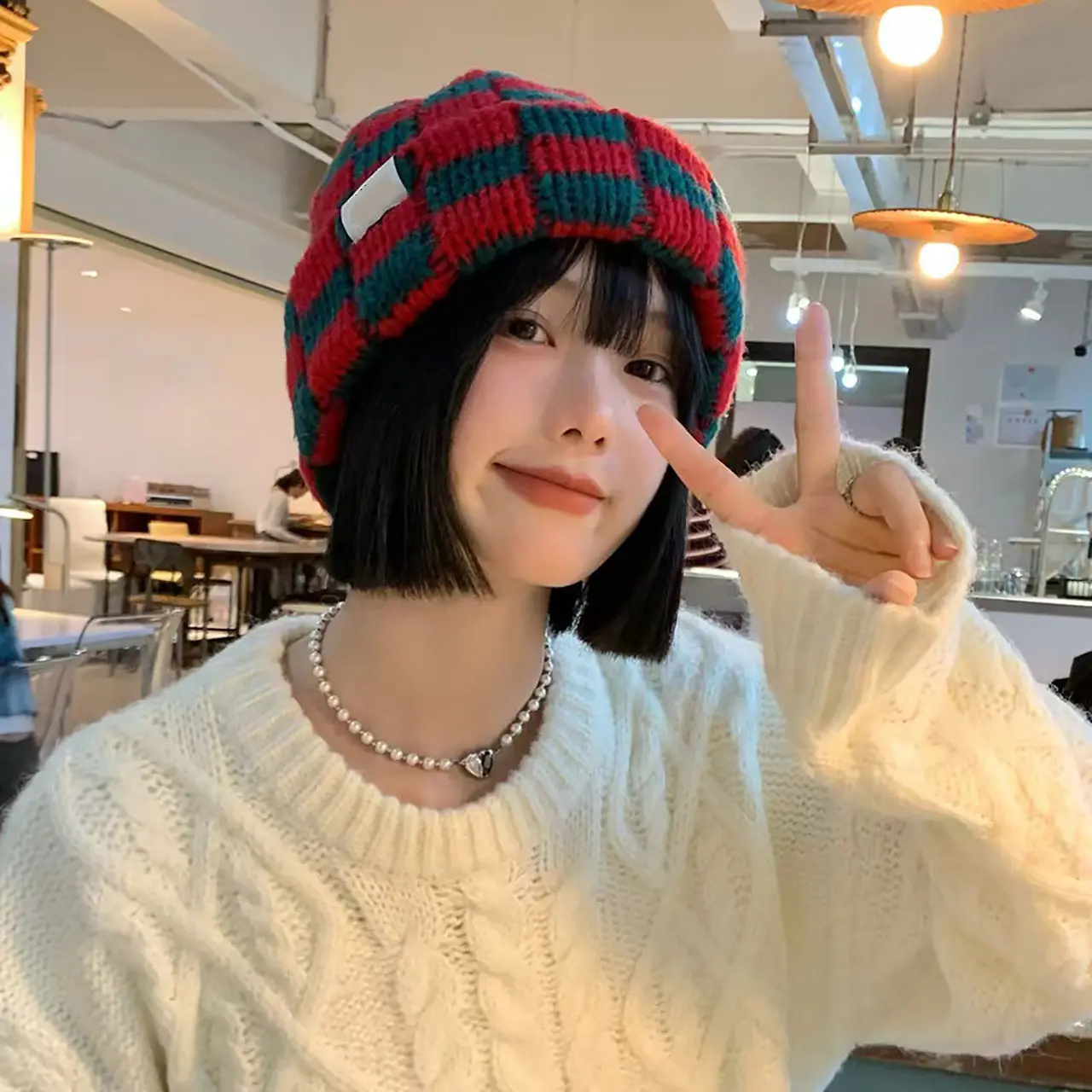 Korean Plaid Knitted Beanies Caps for Women Winter Warm Ear Protection Skullcaps Outdoor Windproof Pullover Hats