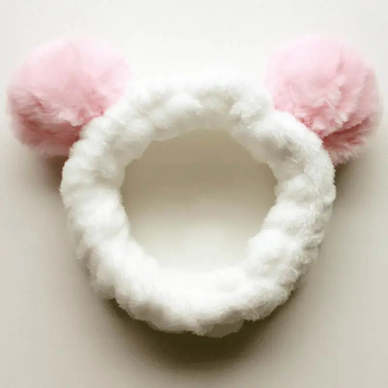 Cute Panda Ear Coral Fleece Headband Women Makeup Shower Hairband Elastic Hair Bands for Girls Washing Face Spa Turban Winter