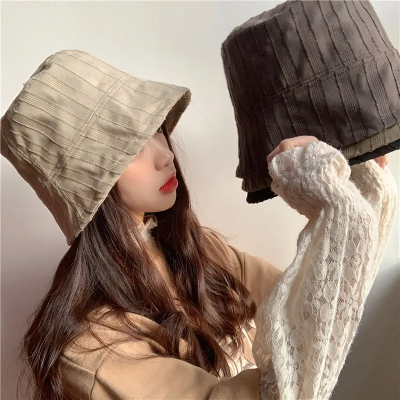 Double-Sided Wear Stripe Bucket Hats for Women Summer Cotton Thin Fisherman Caps Fashion Lady Girl Outdoor Sunscreen Basin Caps