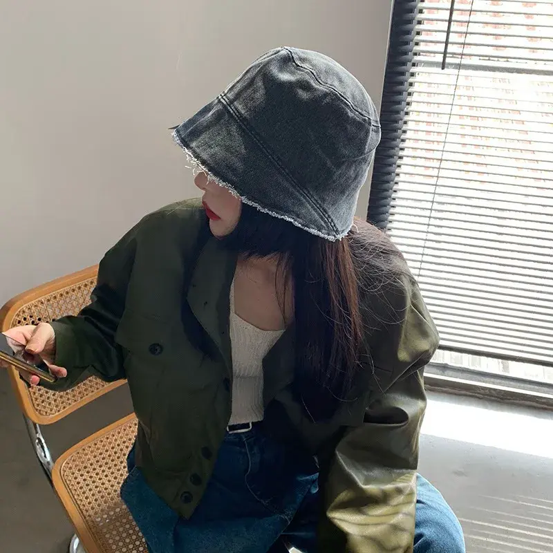 Irregular Brim Cowboy Caps for Women Retro Washed Panama Fisherman Caps Solid Color Streetwear Sunshade Denim Bucket Hats