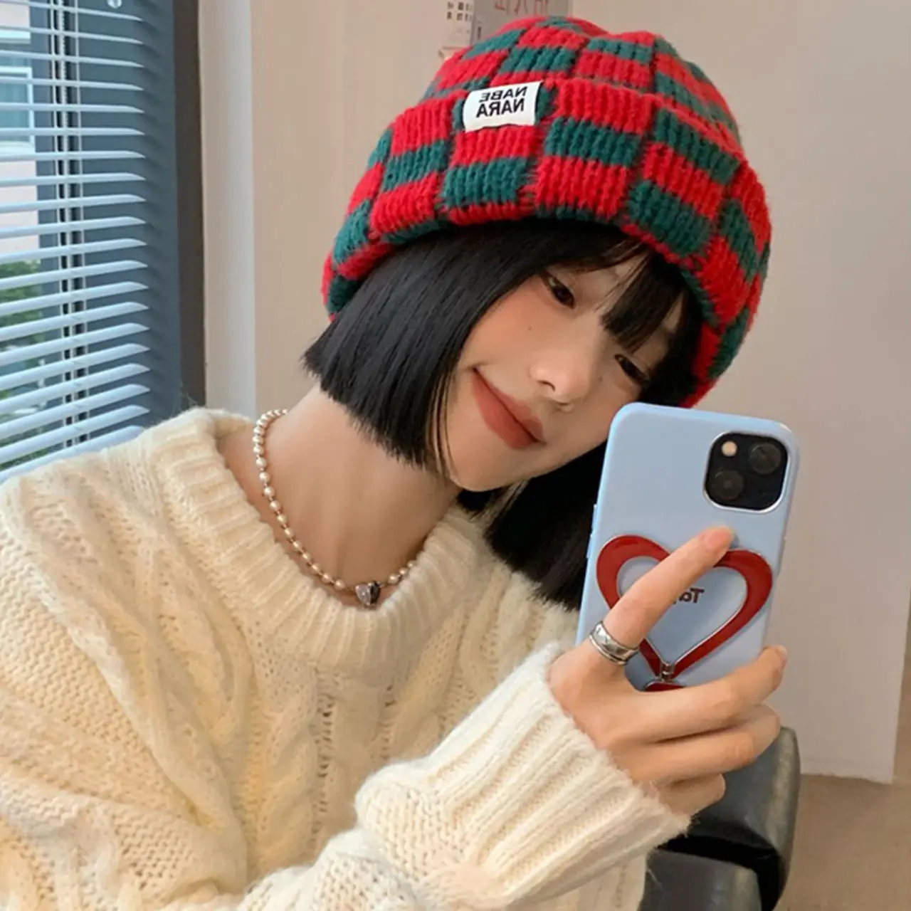 Korean Plaid Knitted Beanies Caps for Women Winter Warm Ear Protection Skullcaps Outdoor Windproof Pullover Hats
