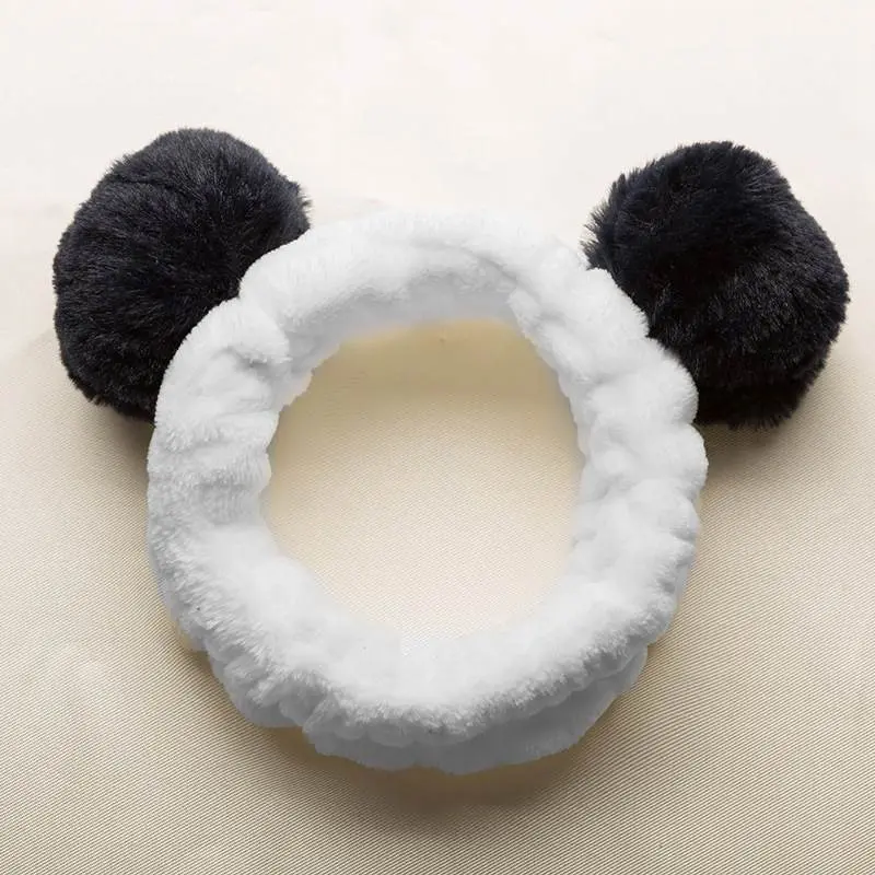 Cute Panda Ear Coral Fleece Headband Women Makeup Shower Hairband Elastic Hair Bands for Girls Washing Face Spa Turban Winter