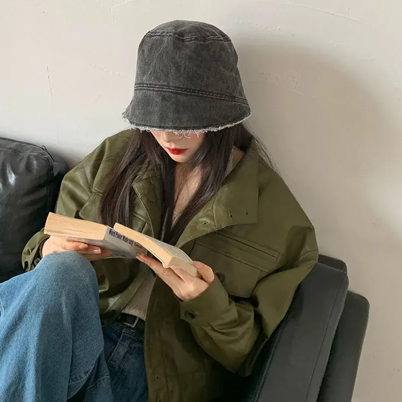 Irregular Brim Cowboy Caps for Women Retro Washed Panama Fisherman Caps Solid Color Streetwear Sunshade Denim Bucket Hats