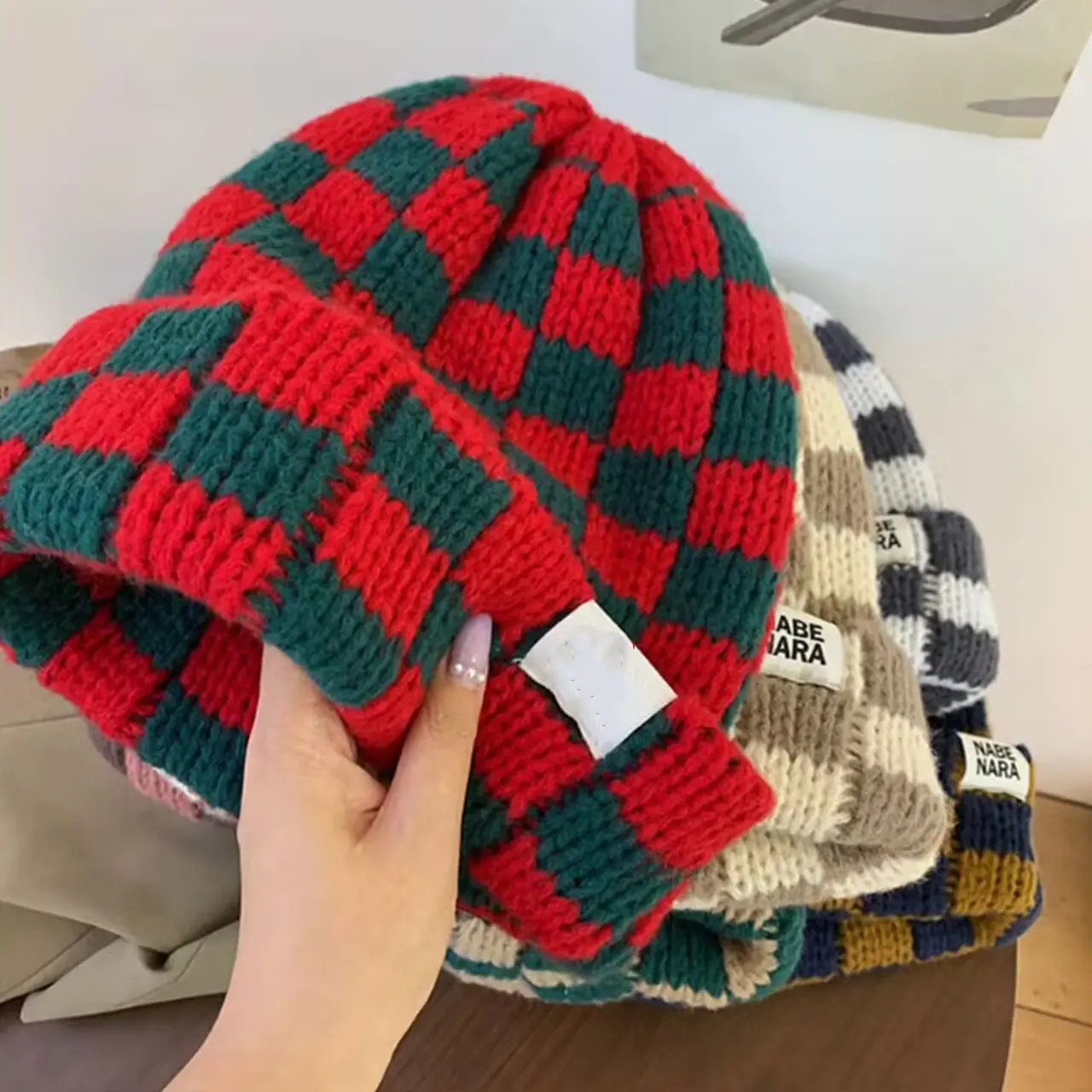 Korean Plaid Knitted Beanies Caps for Women Winter Warm Ear Protection Skullcaps Outdoor Windproof Pullover Hats