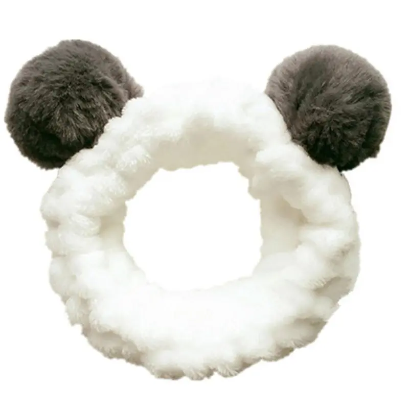 Cute Panda Ear Coral Fleece Headband Women Makeup Shower Hairband Elastic Hair Bands for Girls Washing Face Spa Turban Winter