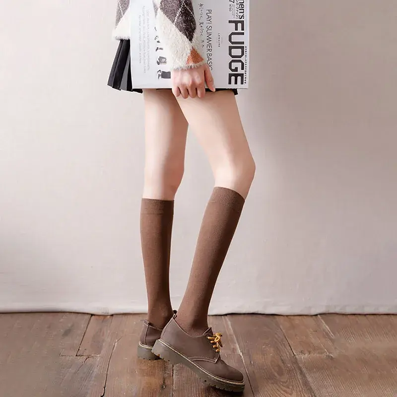 Spring Autumn Women Calf Socks Harajuku Solid Color Knee High Socks Preppy Style Girl Soft Cotton Long Socks