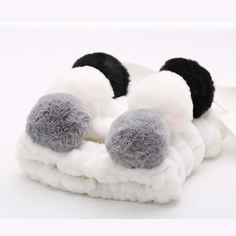 Cute Panda Ear Coral Fleece Headband Women Makeup Shower Hairband Elastic Hair Bands for Girls Washing Face Spa Turban Winter