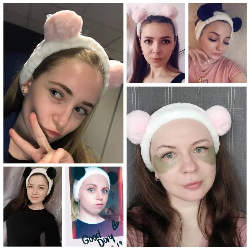Cute Panda Ear Coral Fleece Headband Women Makeup Shower Hairband Elastic Hair Bands for Girls Washing Face Spa Turban Winter