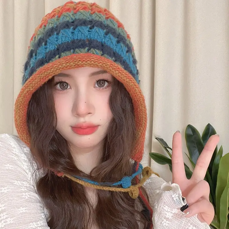 Colorful Crochet Knitted Wool Beanies Caps for Women Winter Handmade Rainbow Warm Ear Protection Hats Outdoor Windproof Earmuffs