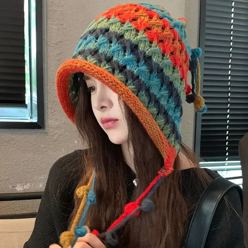 Colorful Crochet Knitted Wool Beanies Caps for Women Winter Handmade Rainbow Warm Ear Protection Hats Outdoor Windproof Earmuffs