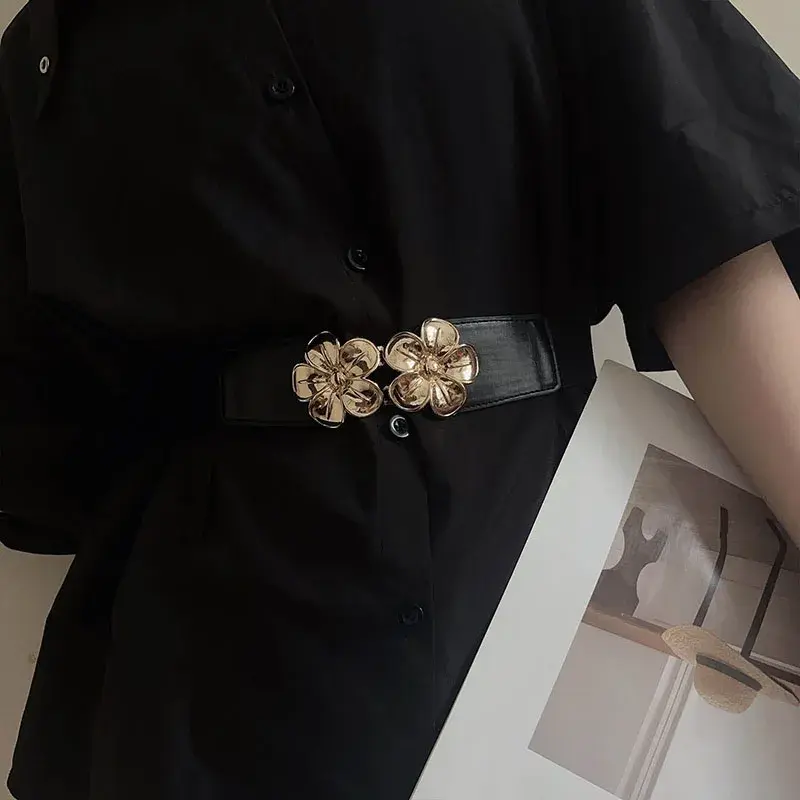 Retro Flower Buckle Belts for Women Black PU Leather Elastic Wide Waistbands Lady Dress Coat Decorative Straps Cummerbund