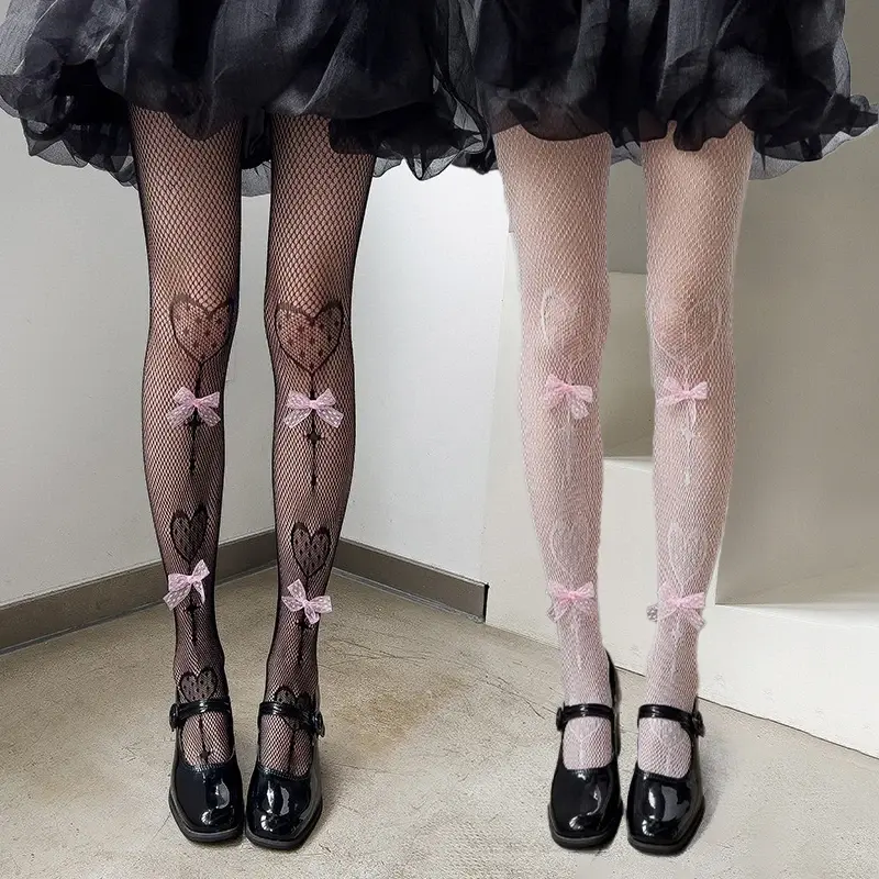 Sexy Heart Fishnet Pantyhose for Women Lolita Girl Bow Thin Jk Stockings Summer Hollow Mesh Breathable Tights
