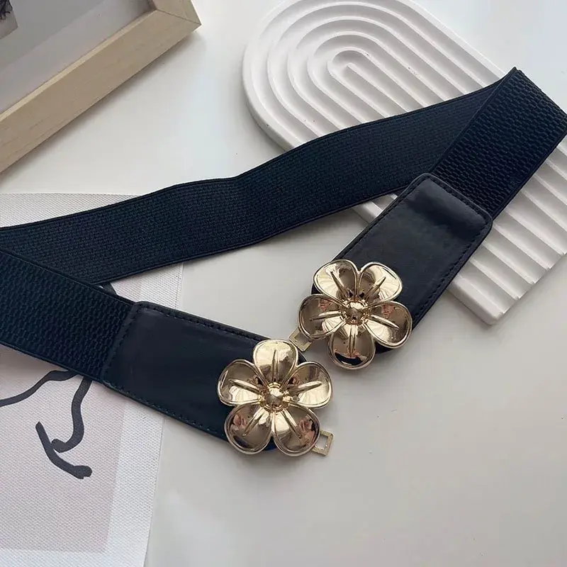 Retro Flower Buckle Belts for Women Black PU Leather Elastic Wide Waistbands Lady Dress Coat Decorative Straps Cummerbund