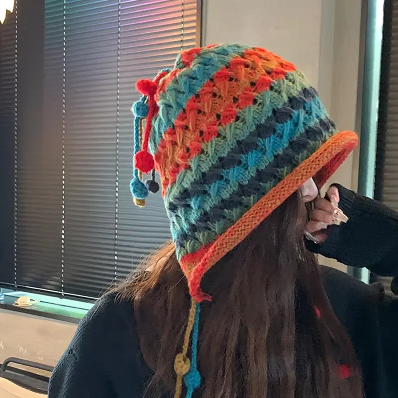 Colorful Crochet Knitted Wool Beanies Caps for Women Winter Handmade Rainbow Warm Ear Protection Hats Outdoor Windproof Earmuffs