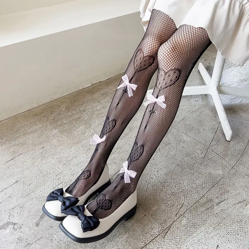 Sexy Heart Fishnet Pantyhose for Women Lolita Girl Bow Thin Jk Stockings Summer Hollow Mesh Breathable Tights