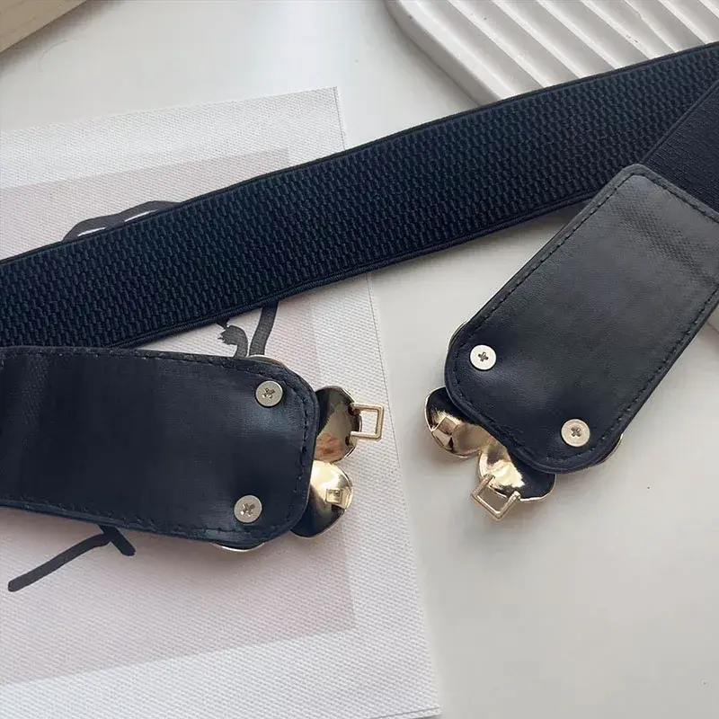 Retro Flower Buckle Belts for Women Black PU Leather Elastic Wide Waistbands Lady Dress Coat Decorative Straps Cummerbund