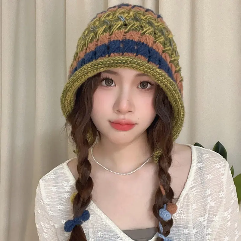 Colorful Crochet Knitted Wool Beanies Caps for Women Winter Handmade Rainbow Warm Ear Protection Hats Outdoor Windproof Earmuffs