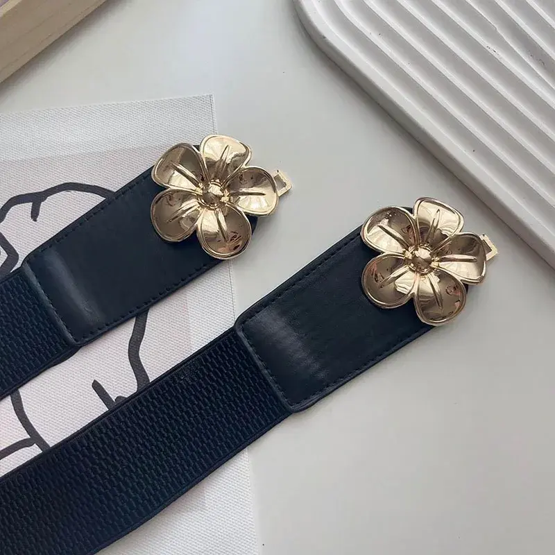 Retro Flower Buckle Belts for Women Black PU Leather Elastic Wide Waistbands Lady Dress Coat Decorative Straps Cummerbund