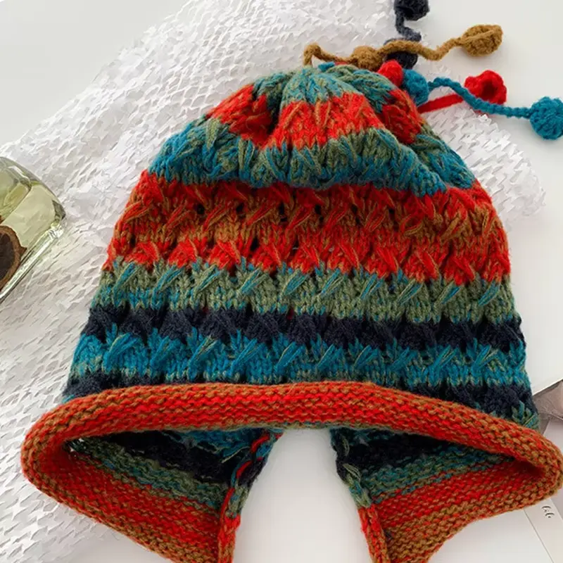Colorful Crochet Knitted Wool Beanies Caps for Women Winter Handmade Rainbow Warm Ear Protection Hats Outdoor Windproof Earmuffs