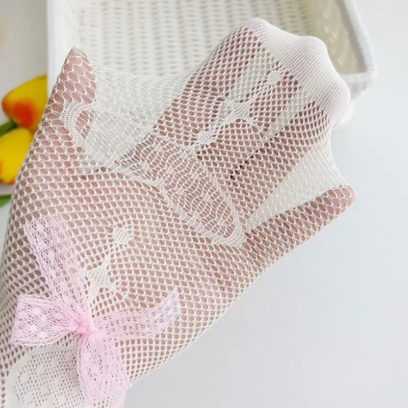 Sexy Heart Fishnet Pantyhose for Women Lolita Girl Bow Thin Jk Stockings Summer Hollow Mesh Breathable Tights