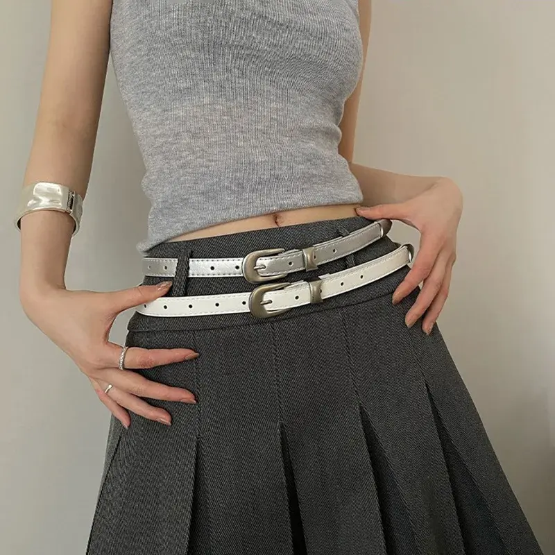 Simple Solid Color Belts for Women PU Leather Metal Pin Buckle Thin Waistband Adjustable Girl Jeans Pants Decor Straps Girdle