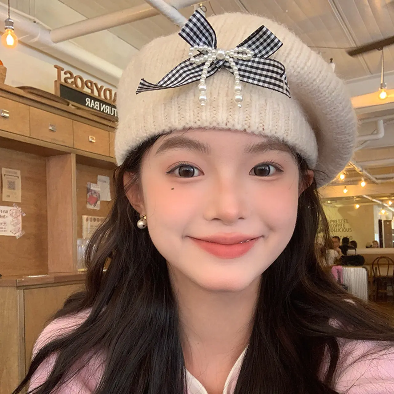 Korean Plaid Bow Pearl Beret Hats for Women Autumn Winter Windproof Warm Knitted Octagonal Caps Fashion Girl Artist Painter Caps