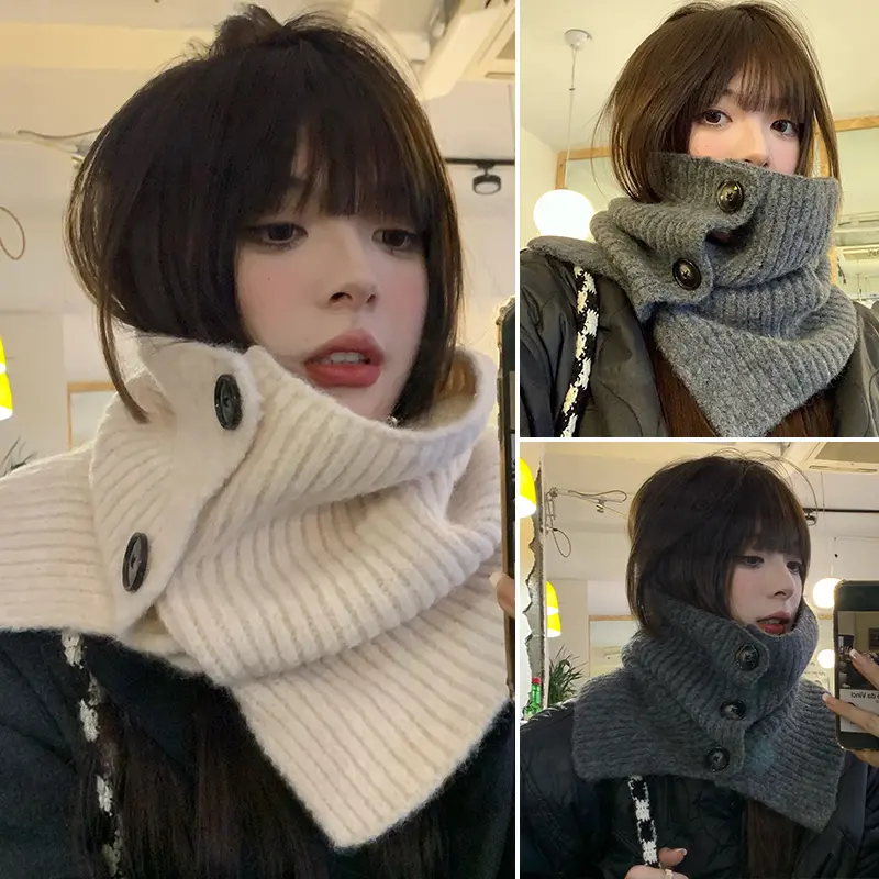 Solid Color Buttons Scarf for Women Winter Thicken Knitted Woolen Snood Neckerchief Outdoor Windproof High Neck Cover Shawl