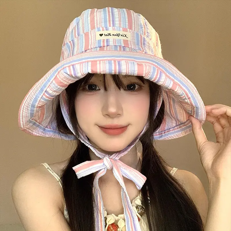 Korean Stripe Bucket Hats for Women Summer Thin Lacing Panama Fisherman Caps Wide Brim Lady Travel Beach Sunscreen Basin Caps