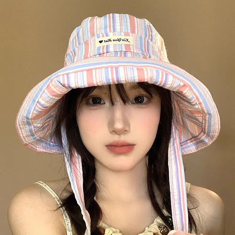 Korean Stripe Bucket Hats for Women Summer Thin Lacing Panama Fisherman Caps Wide Brim Lady Travel Beach Sunscreen Basin Caps