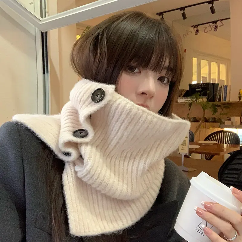 Solid Color Buttons Scarf for Women Winter Thicken Knitted Woolen Snood Neckerchief Outdoor Windproof High Neck Cover Shawl
