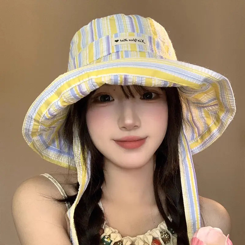Korean Stripe Bucket Hats for Women Summer Thin Lacing Panama Fisherman Caps Wide Brim Lady Travel Beach Sunscreen Basin Caps