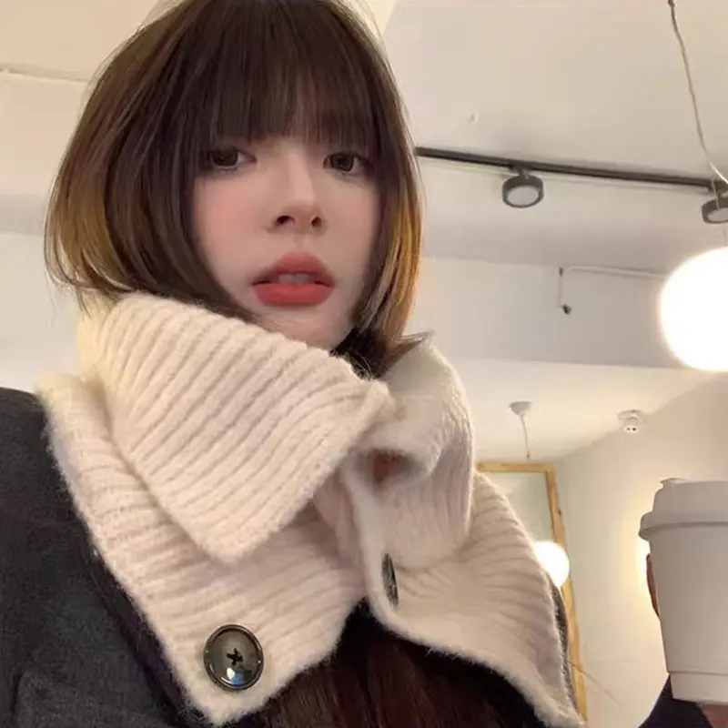 Solid Color Buttons Scarf for Women Winter Thicken Knitted Woolen Snood Neckerchief Outdoor Windproof High Neck Cover Shawl