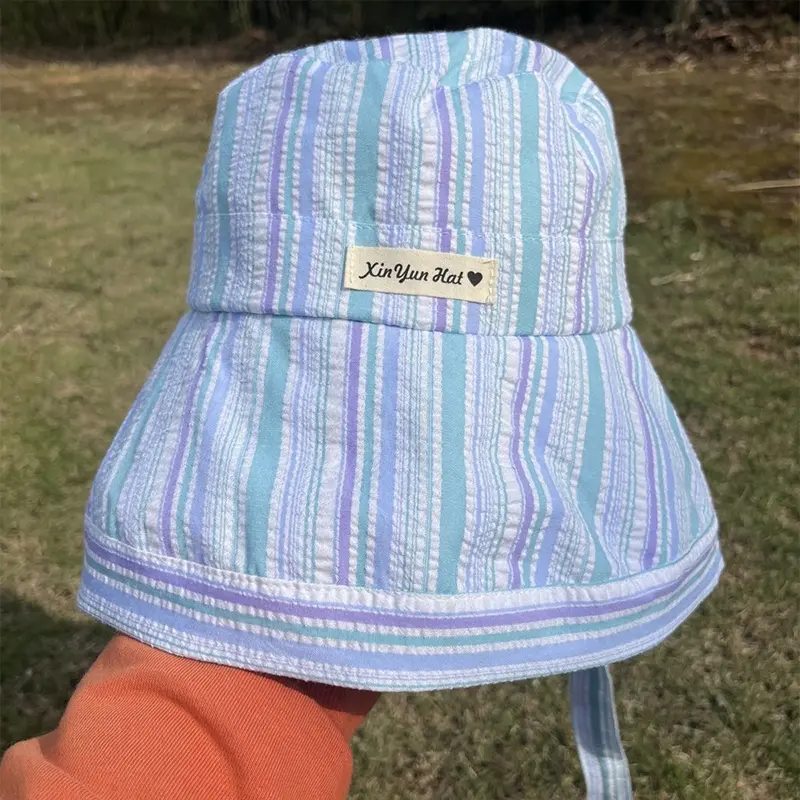 Korean Stripe Bucket Hats for Women Summer Thin Lacing Panama Fisherman Caps Wide Brim Lady Travel Beach Sunscreen Basin Caps