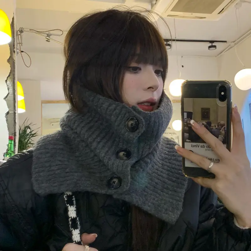 Solid Color Buttons Scarf for Women Winter Thicken Knitted Woolen Snood Neckerchief Outdoor Windproof High Neck Cover Shawl