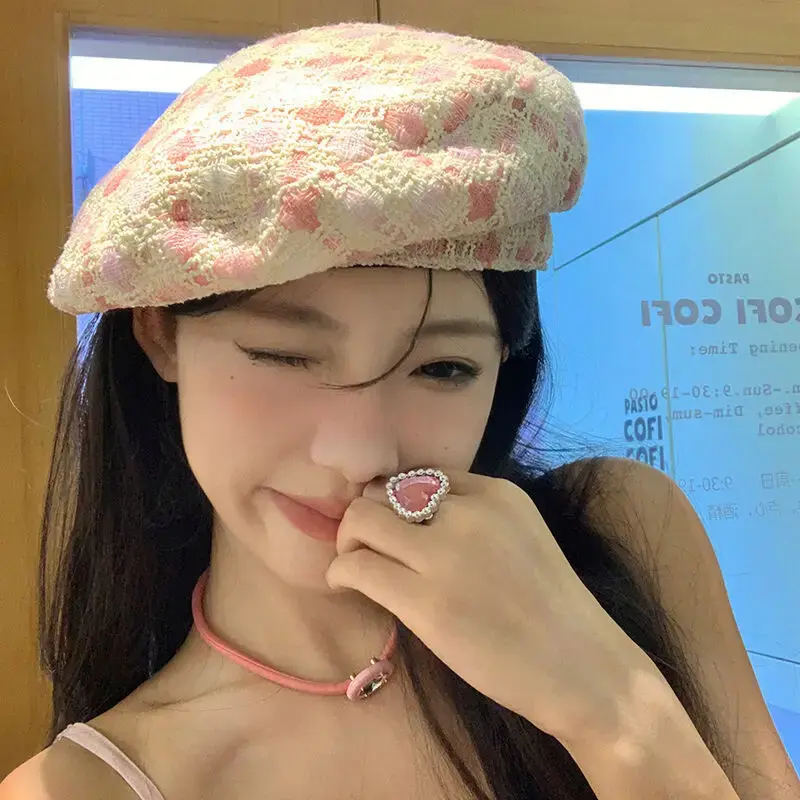 French Lady Plaid Beret Hats Cotton Spring Autumn Octagonal Newsboy Caps Korean Girl Artist Painter Caps