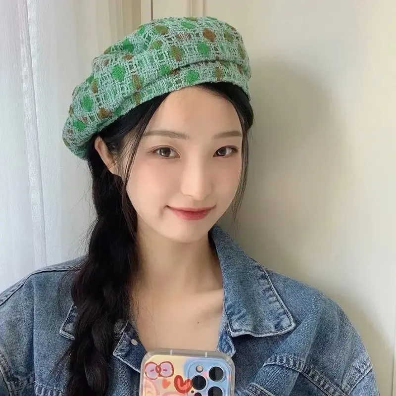 French Lady Plaid Beret Hats Cotton Spring Autumn Octagonal Newsboy Caps Korean Girl Artist Painter Caps