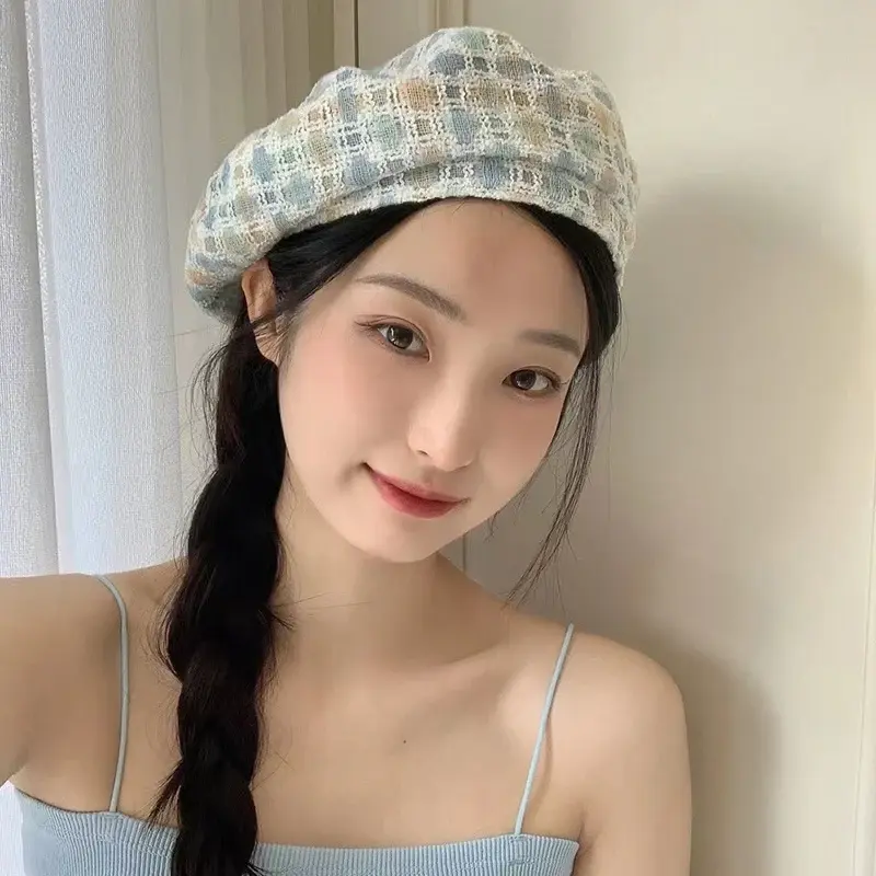 French Lady Plaid Beret Hats Cotton Spring Autumn Octagonal Newsboy Caps Korean Girl Artist Painter Caps