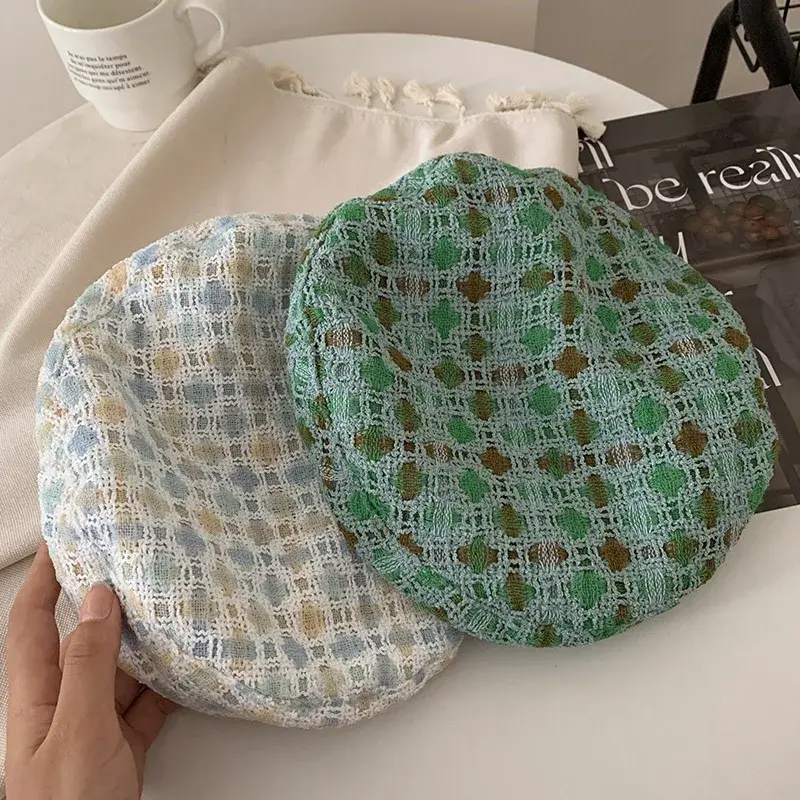 French Lady Plaid Beret Hats Cotton Spring Autumn Octagonal Newsboy Caps Korean Girl Artist Painter Caps