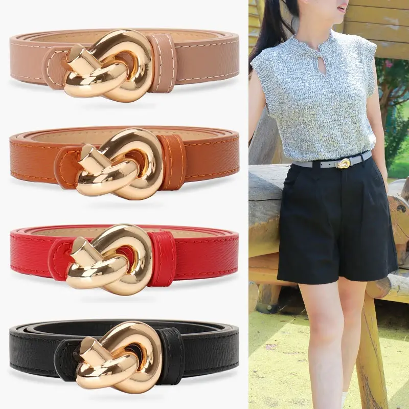 Adjustable PU Leather Belts for Women Fashion Alloy Buckle Knot Thin Waistband Lady Dress Pant Decorative Straps